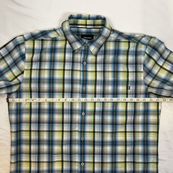 Marmot For Life Mens Gorpcore Button Up Short Sleeve Size L Blue Green Plaid - Picture 13 of 14